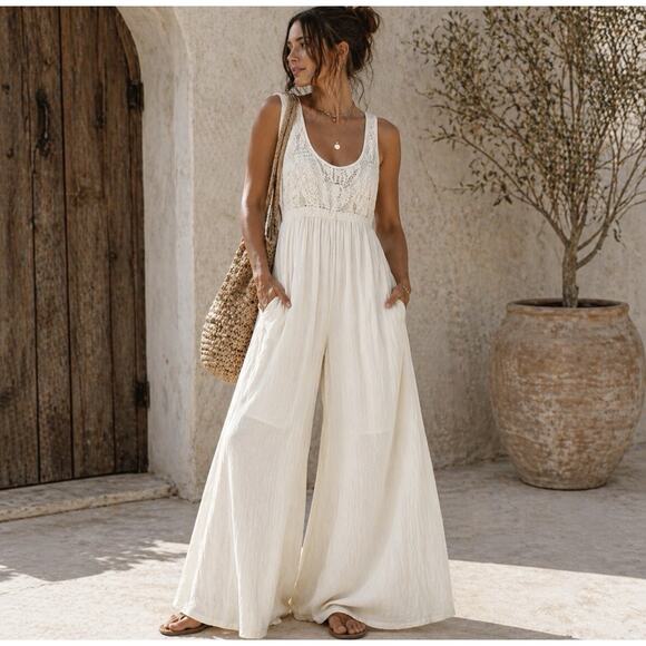Love Stitch Pants - Ivory Crochet Lace Boho Wide Leg Jumpsuit Resort Beach Cover Up